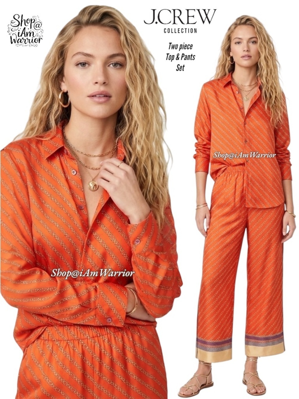 J.Crew Collection NWOT sunset silk chain print blouse + crop pant set